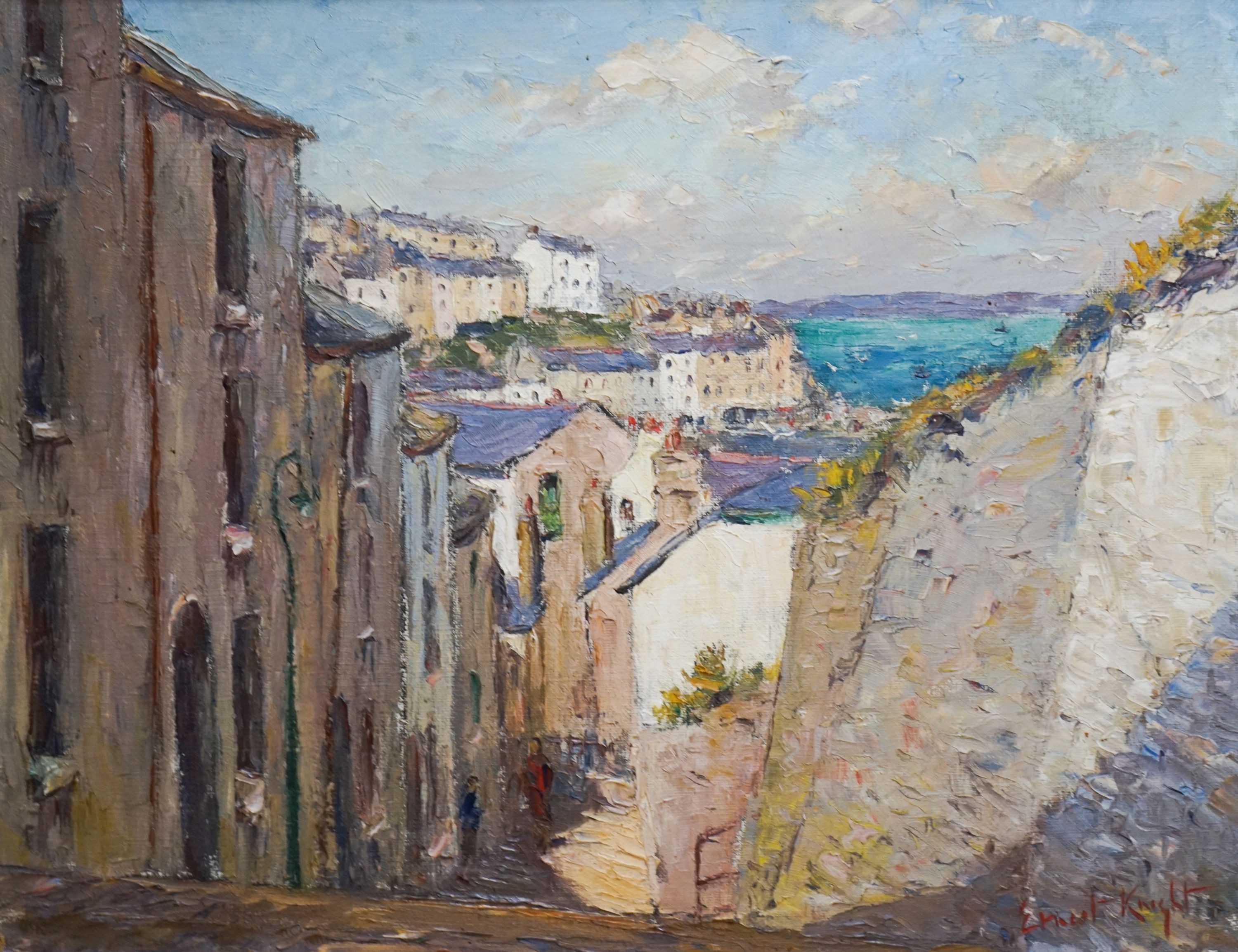 Ernest Knight (1915-1995), oil on canvas, ‘Temperance Steps, Brixham, Devon’, signed and inscribed verso, 40 x 50cm